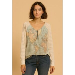 Noracora Globe Print  Long  Sleeve T-Shirts Size M